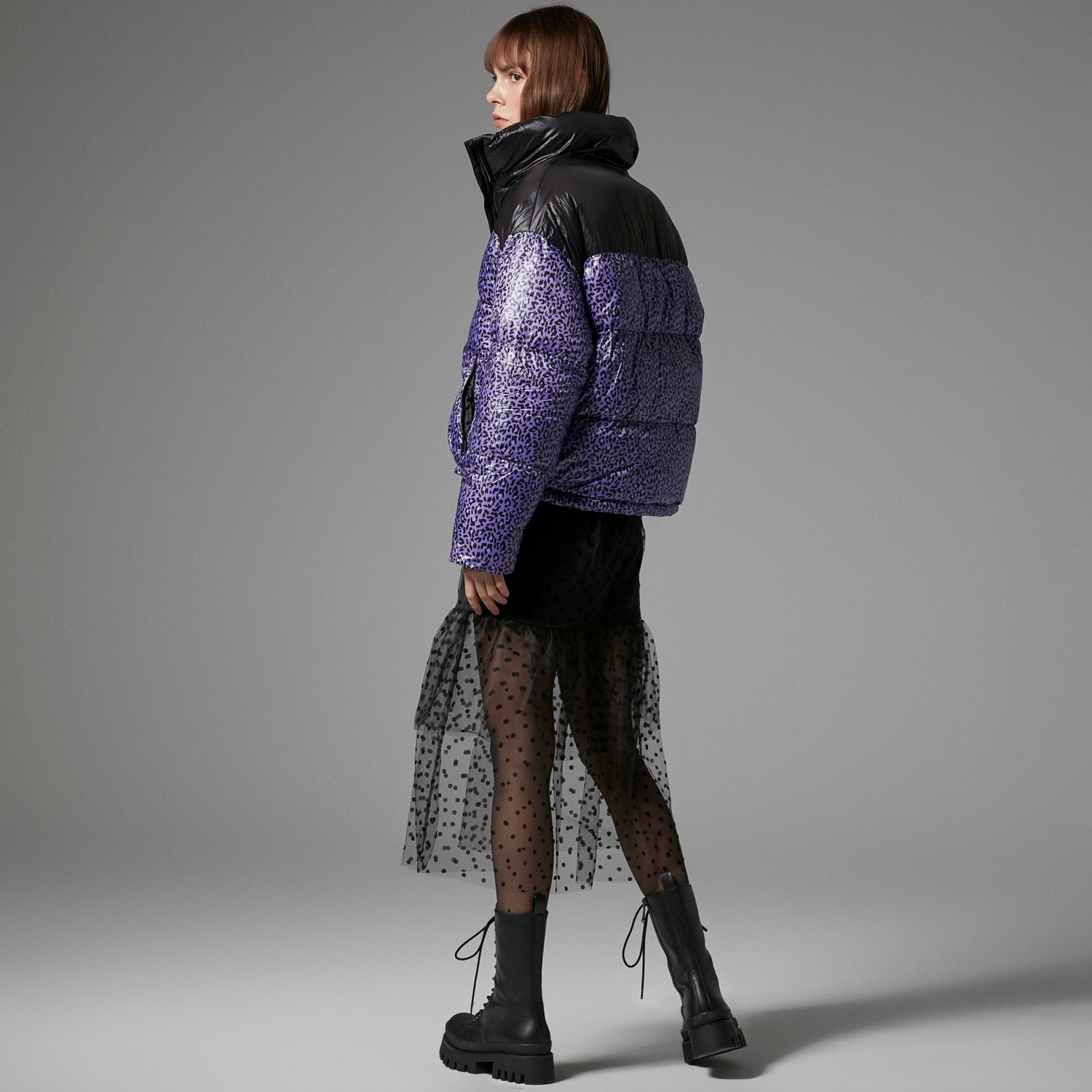 DİK YAKA LEOPAR DESENLİ PUFFER ŞİŞME MONT