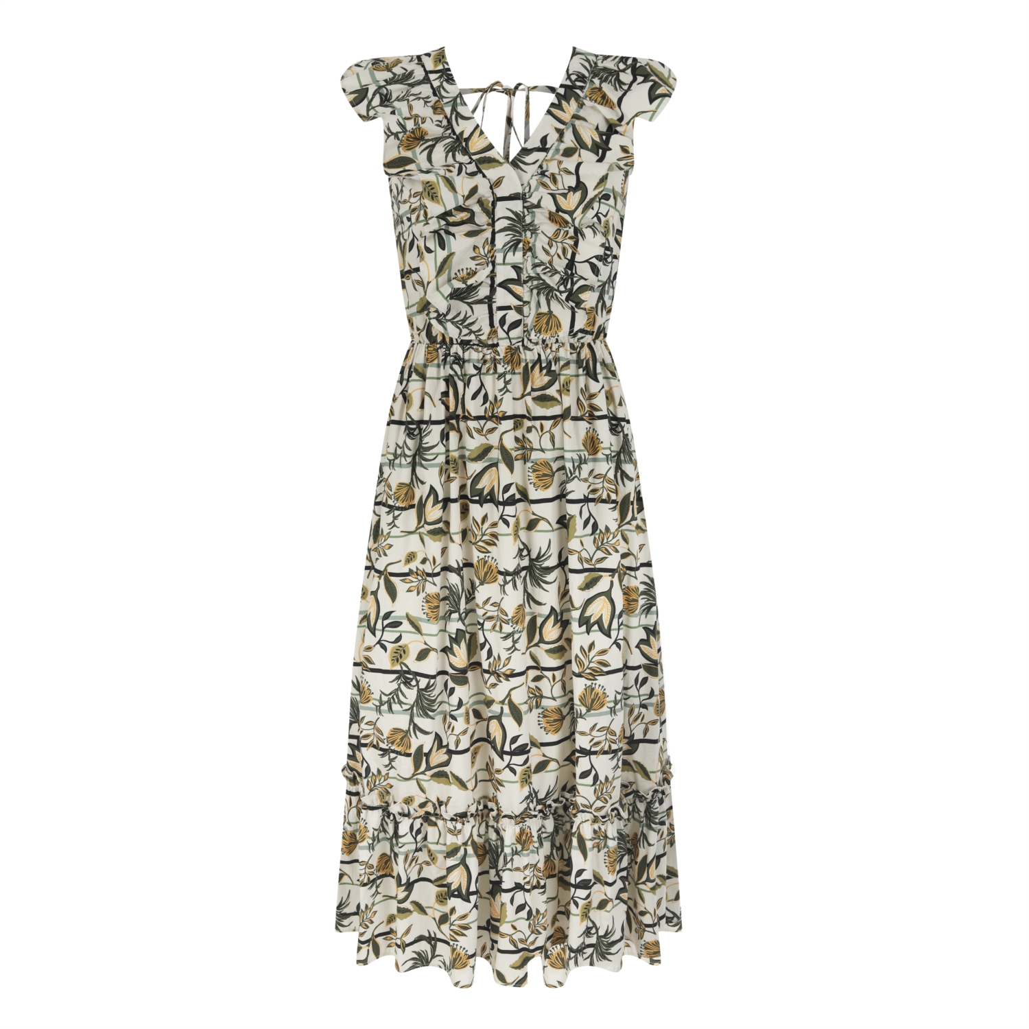 V YAKA VOLANLI KOLSUZ MİDİ ELBİSE