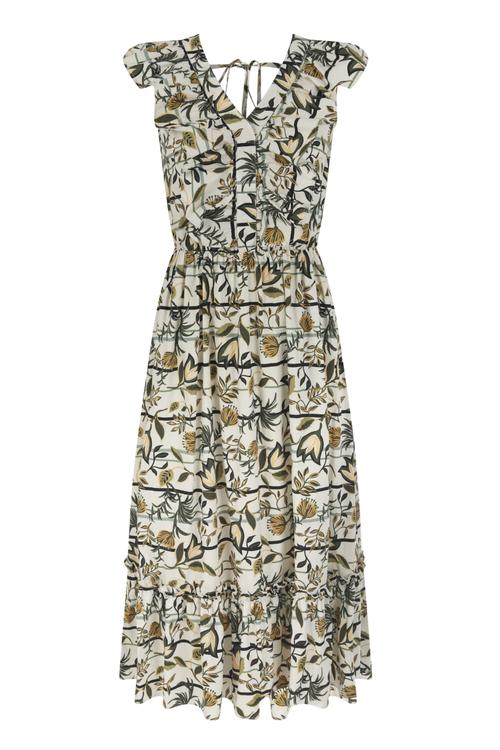  V YAKA VOLANLI KOLSUZ MİDİ ELBİSE