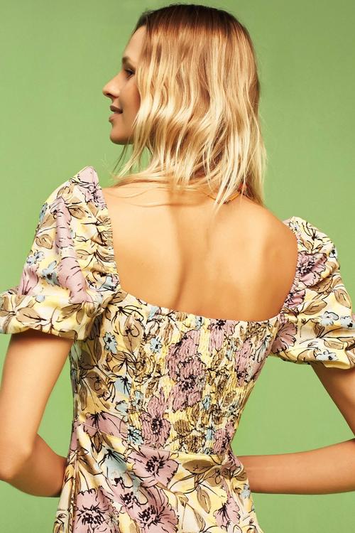  ÇİÇEKLİ KARPUZ KOL PAMUK-KETEN MİNİ ELBİSE