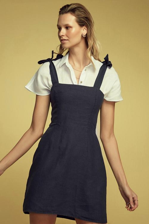  KARE YAKA ASKILI MİNİ KETEN ELBİSE