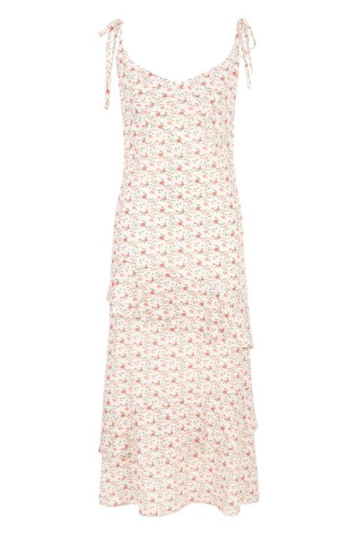  ASİMETRİK KESİM ÇİÇEKLİ MİDİ ELBİSE