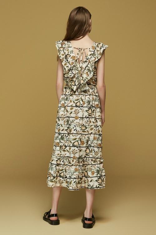  V YAKA VOLANLI KOLSUZ MİDİ ELBİSE