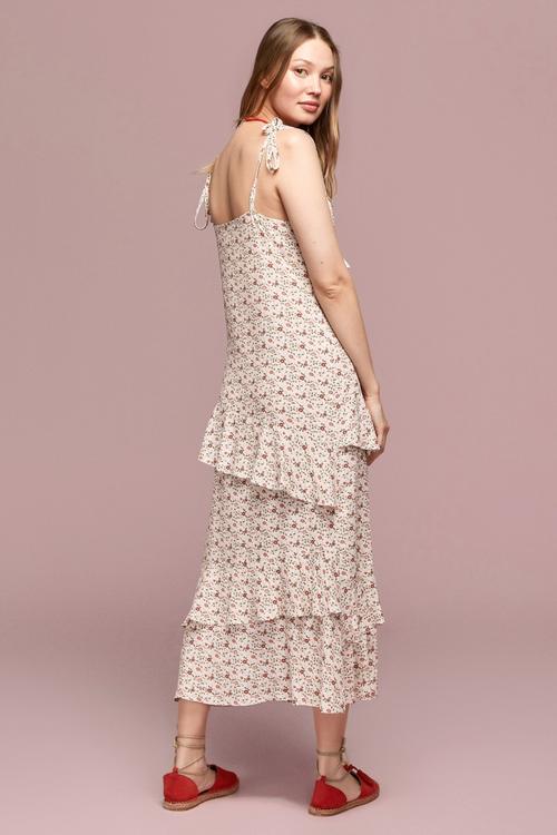  ASİMETRİK KESİM ÇİÇEKLİ MİDİ ELBİSE