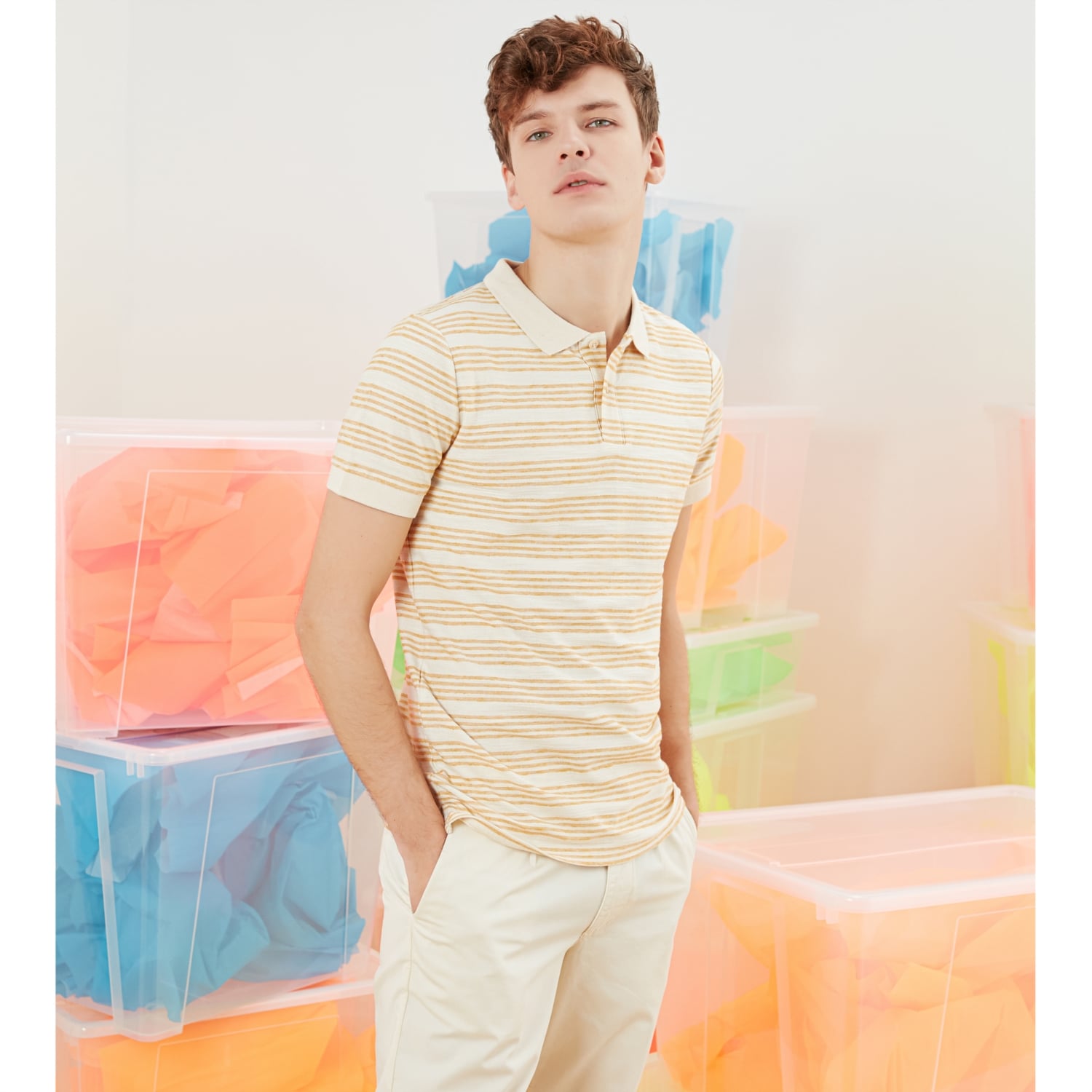 POLO YAKA ÇİZGİLİ PAMUK - KETEN T-SHIRT