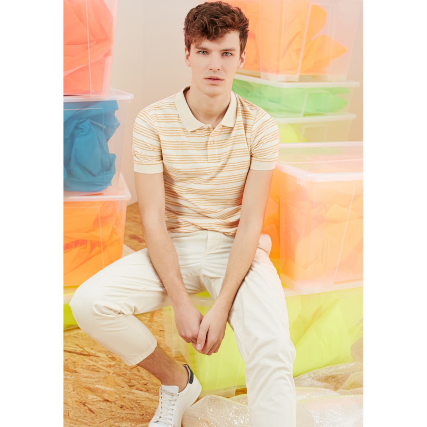 POLO YAKA ÇİZGİLİ PAMUK - KETEN T-SHIRT