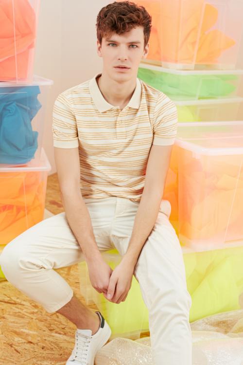  POLO YAKA ÇİZGİLİ PAMUK - KETEN T-SHIRT