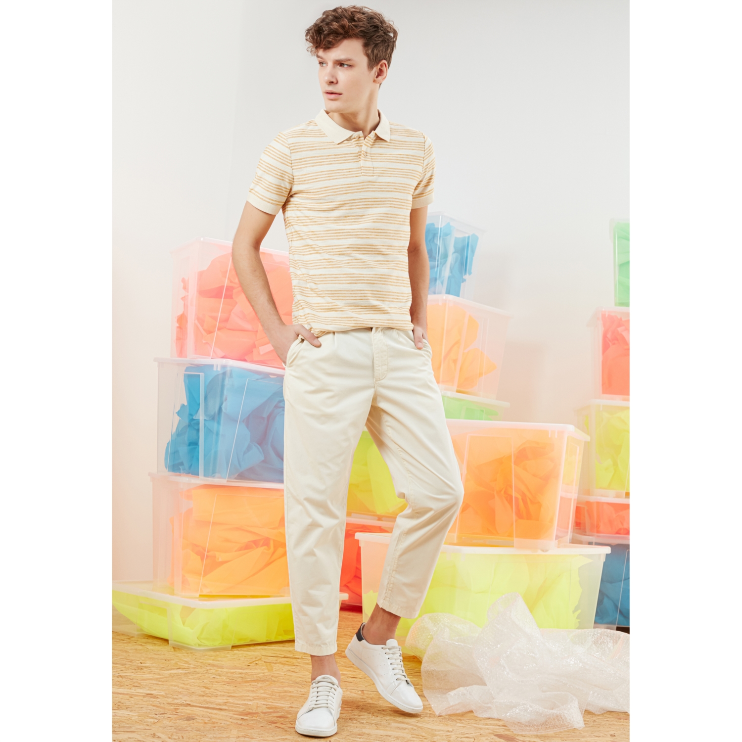 POLO YAKA ÇİZGİLİ PAMUK - KETEN T-SHIRT