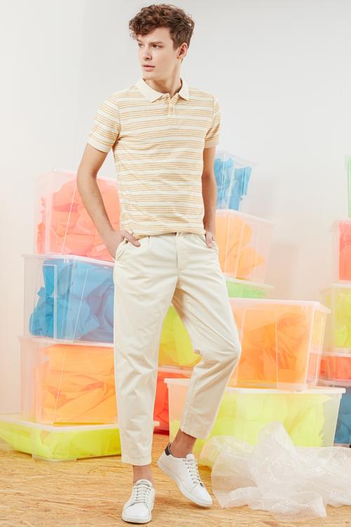  POLO YAKA ÇİZGİLİ PAMUK - KETEN T-SHIRT