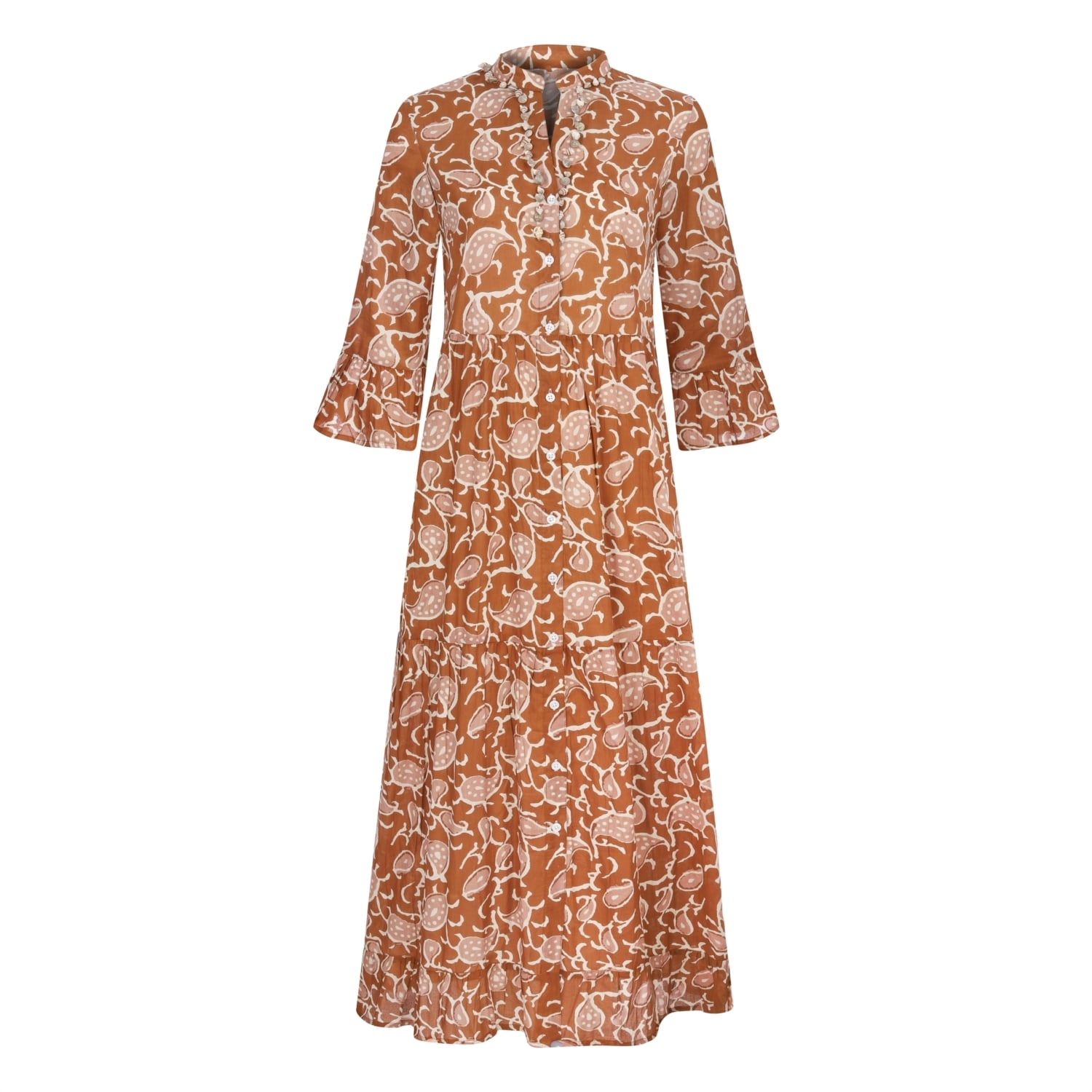 ETNİK DESENLİ HAKİM YAKA UZUN ELBİSE