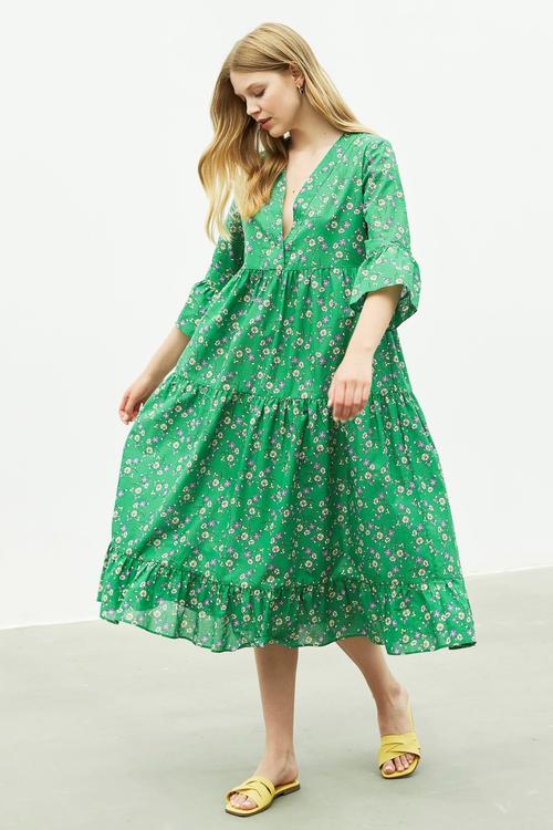  ÇİÇEK BASKILI MİDİ ELBİSE