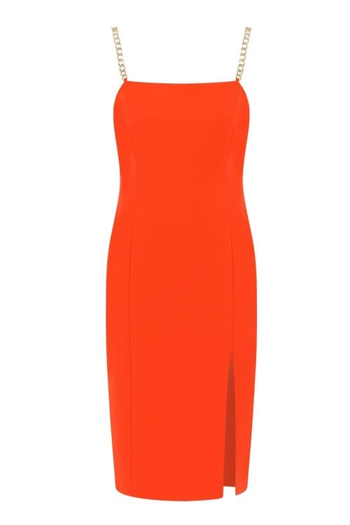  ZİNCİR ASKI DETAYLI MİDİ ELBİSE