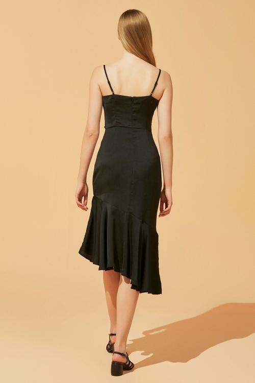  DEGAJE YAKA  SATEN MİDİ ELBİSE