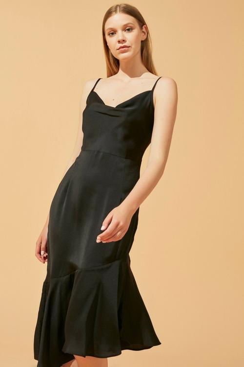  DEGAJE YAKA  SATEN MİDİ ELBİSE