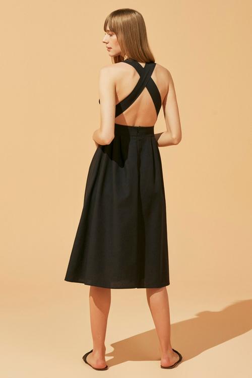  SIRT DETAYLI PAMUK - KETEN MİDİ ELBİSE