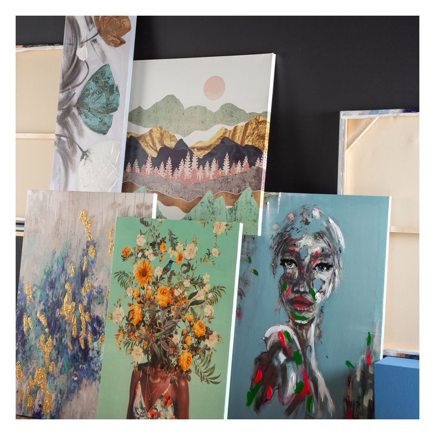 BLUE-GOLD ABSTRACT DOKULU VARAK TABLO 70X100CM