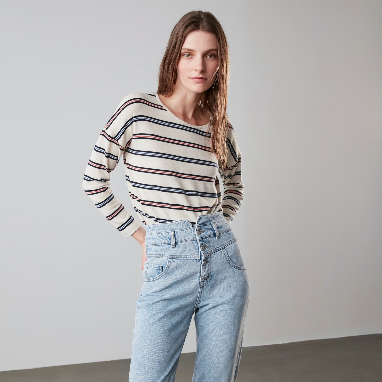 ÇİZGİLİ DÜŞÜK OMUZ TRİKO KAZAK