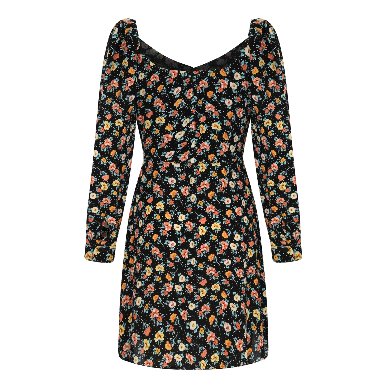 ÇİÇEK DESENLİ KALP YAKA MİNİ KLOŞ ELBİSE