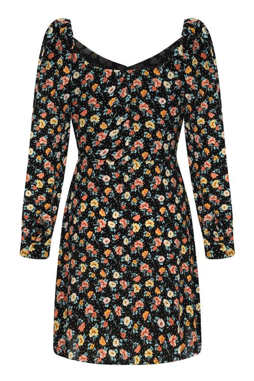  ÇİÇEK DESENLİ KALP YAKA MİNİ KLOŞ ELBİSE