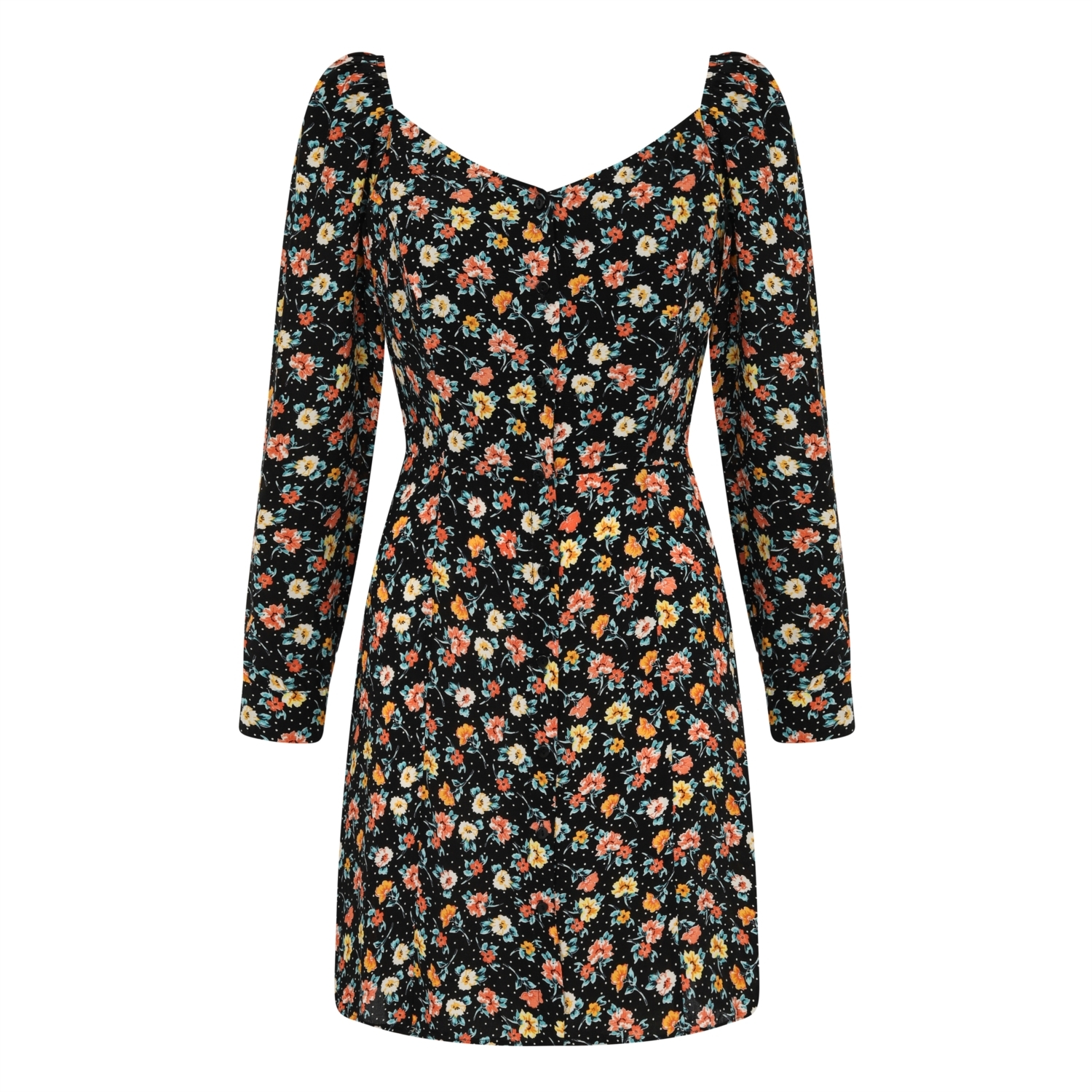 ÇİÇEK DESENLİ KALP YAKA MİNİ KLOŞ ELBİSE