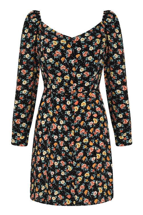  ÇİÇEK DESENLİ KALP YAKA MİNİ KLOŞ ELBİSE