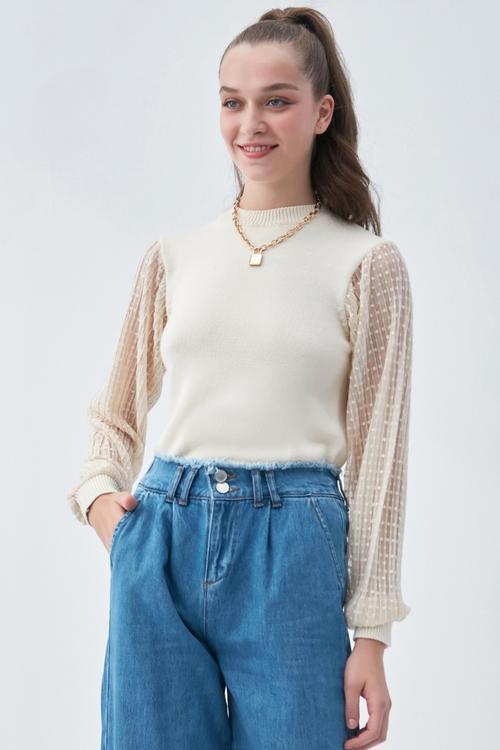  BİS YAKA KOLLARI TÜL DETAYLI TRİKO KAZAK