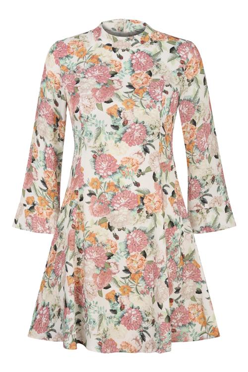  ÇİÇEK DESENLİ KOLLARI VOLANLI MİNİ KLOŞ ELBİSE