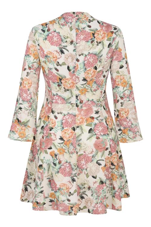  ÇİÇEK DESENLİ KOLLARI VOLANLI MİNİ KLOŞ ELBİSE