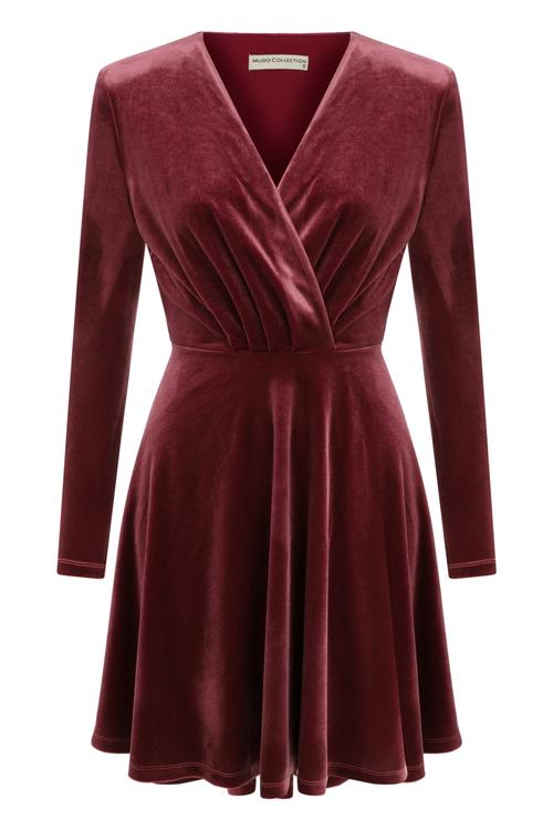  KRUVAZE YAKA KADİFE MİNİ KLOŞ ELBİSE