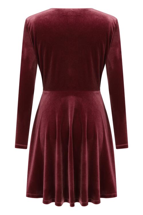  KRUVAZE YAKA KADİFE MİNİ KLOŞ ELBİSE