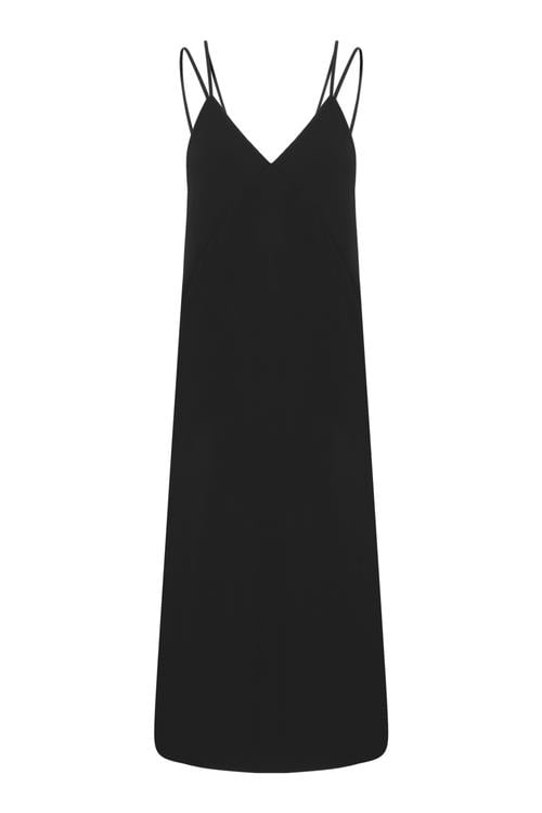  V YAKA ÇİFT ASKILI YIRTMAÇ DETAYLI MİDİ ELBİSE