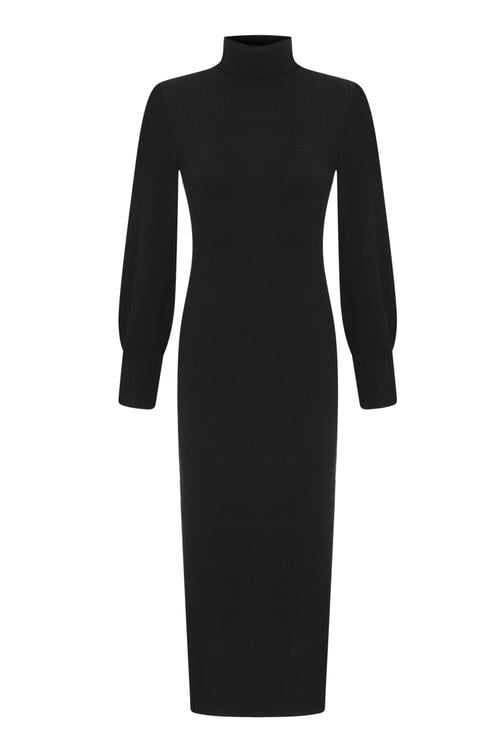  UZUN KOLLU DİK YAKA YIRTMAÇLI TRİKO UZUN ELBİSE