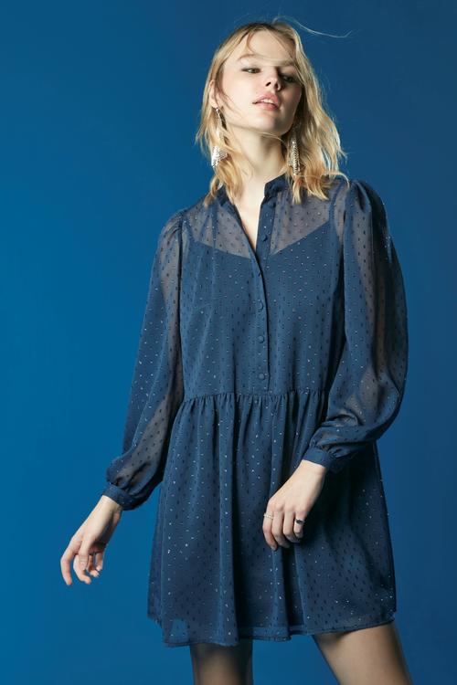  TAŞ İŞLEMELİ UZUN KOLLU MİNİ ŞİFON ELBİSE