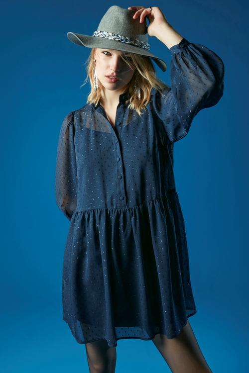  TAŞ İŞLEMELİ UZUN KOLLU MİNİ ŞİFON ELBİSE