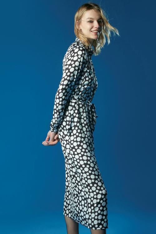  PUANTİYE DESENLİ UZUN KOLLU MİDİ GÖMLEK ELBİSE