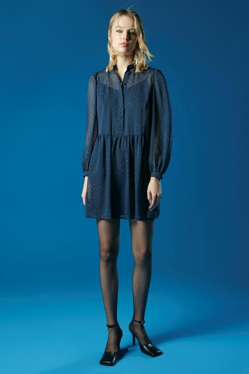  TAŞ İŞLEMELİ UZUN KOLLU MİNİ ŞİFON ELBİSE