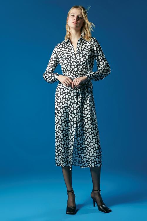  PUANTİYE DESENLİ UZUN KOLLU MİDİ GÖMLEK ELBİSE