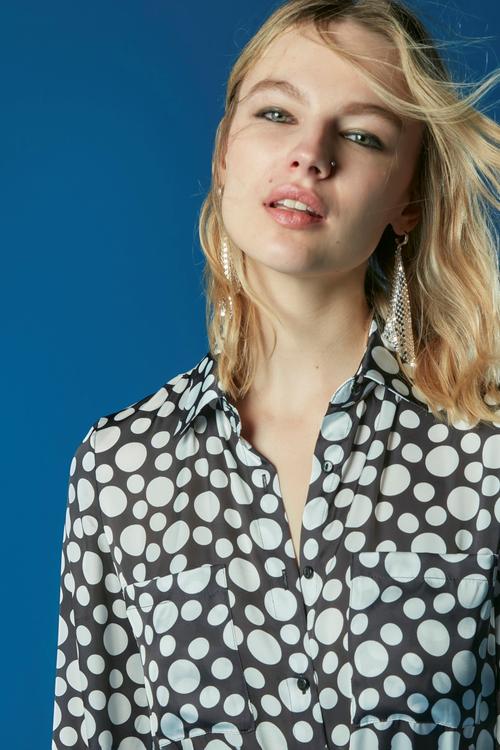  PUANTİYE DESENLİ UZUN KOLLU MİDİ GÖMLEK ELBİSE