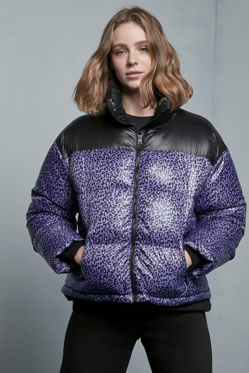  DİK YAKA LEOPAR DESENLİ PUFFER ŞİŞME MONT