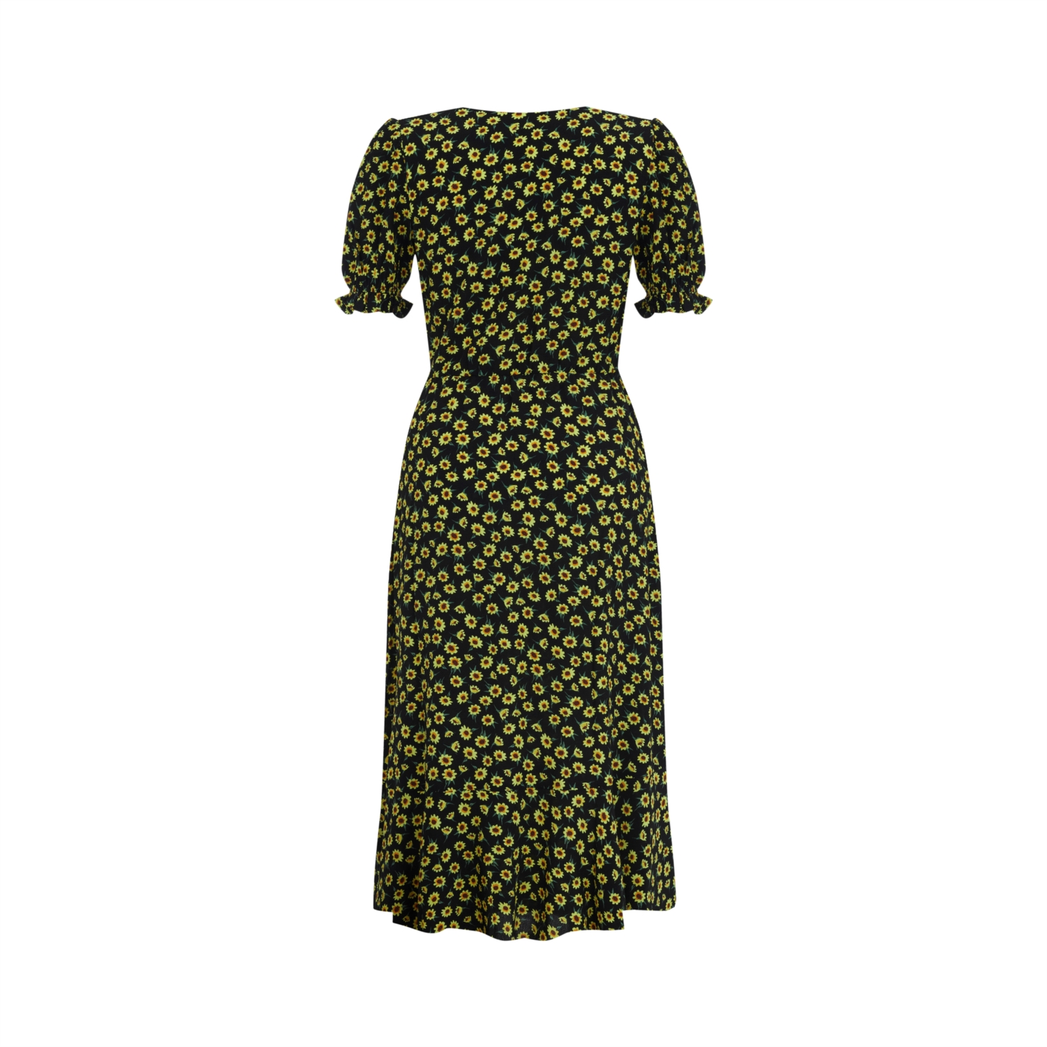 ÇİÇEK DESENLİ YIRTMAÇLI MİDİ ELBİSE