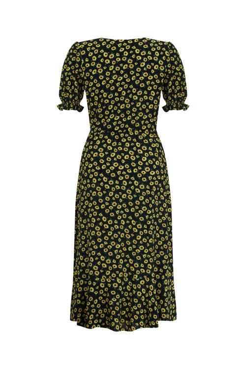  ÇİÇEK DESENLİ YIRTMAÇLI MİDİ ELBİSE