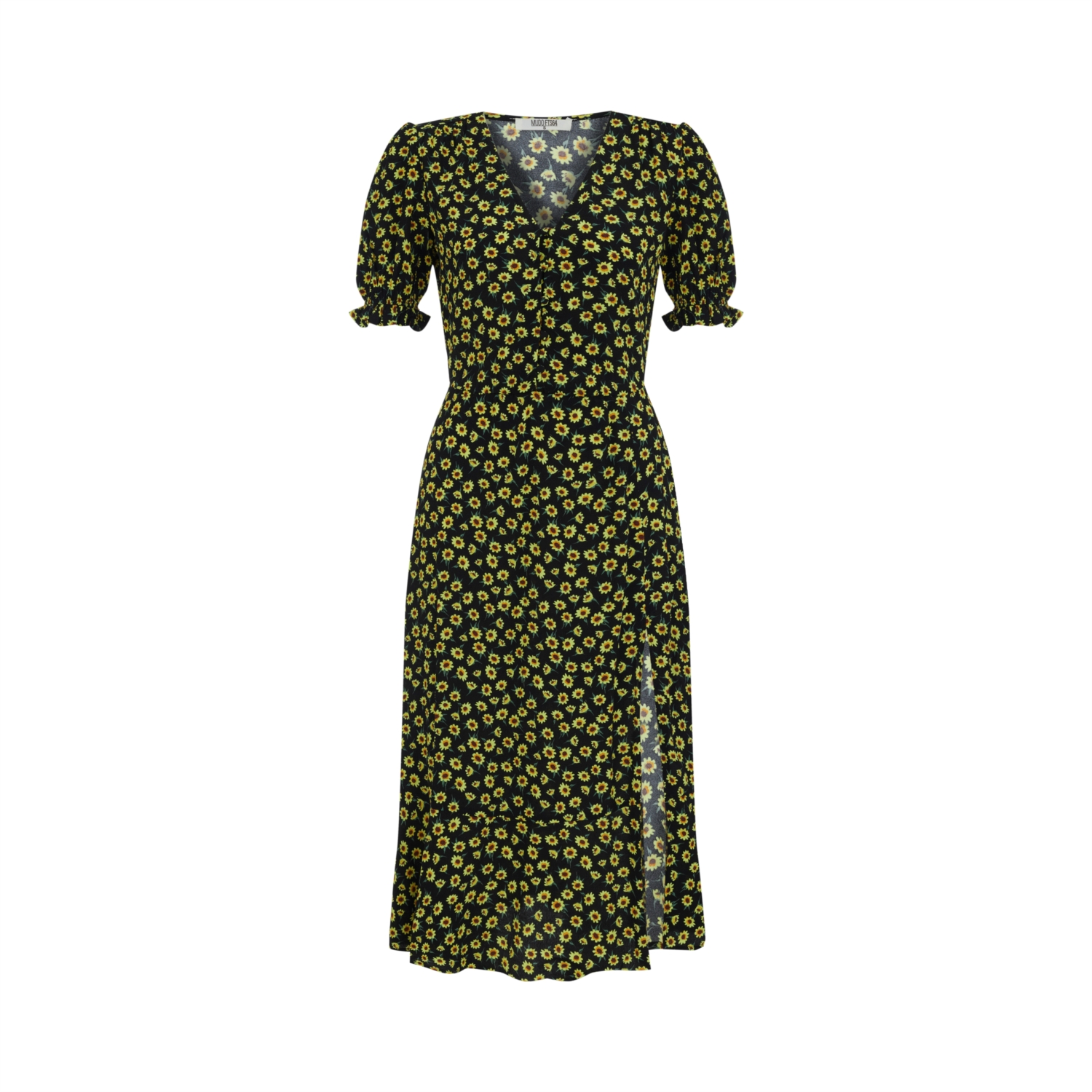 ÇİÇEK DESENLİ YIRTMAÇLI MİDİ ELBİSE