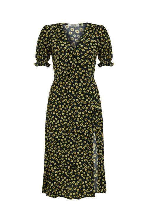  ÇİÇEK DESENLİ YIRTMAÇLI MİDİ ELBİSE