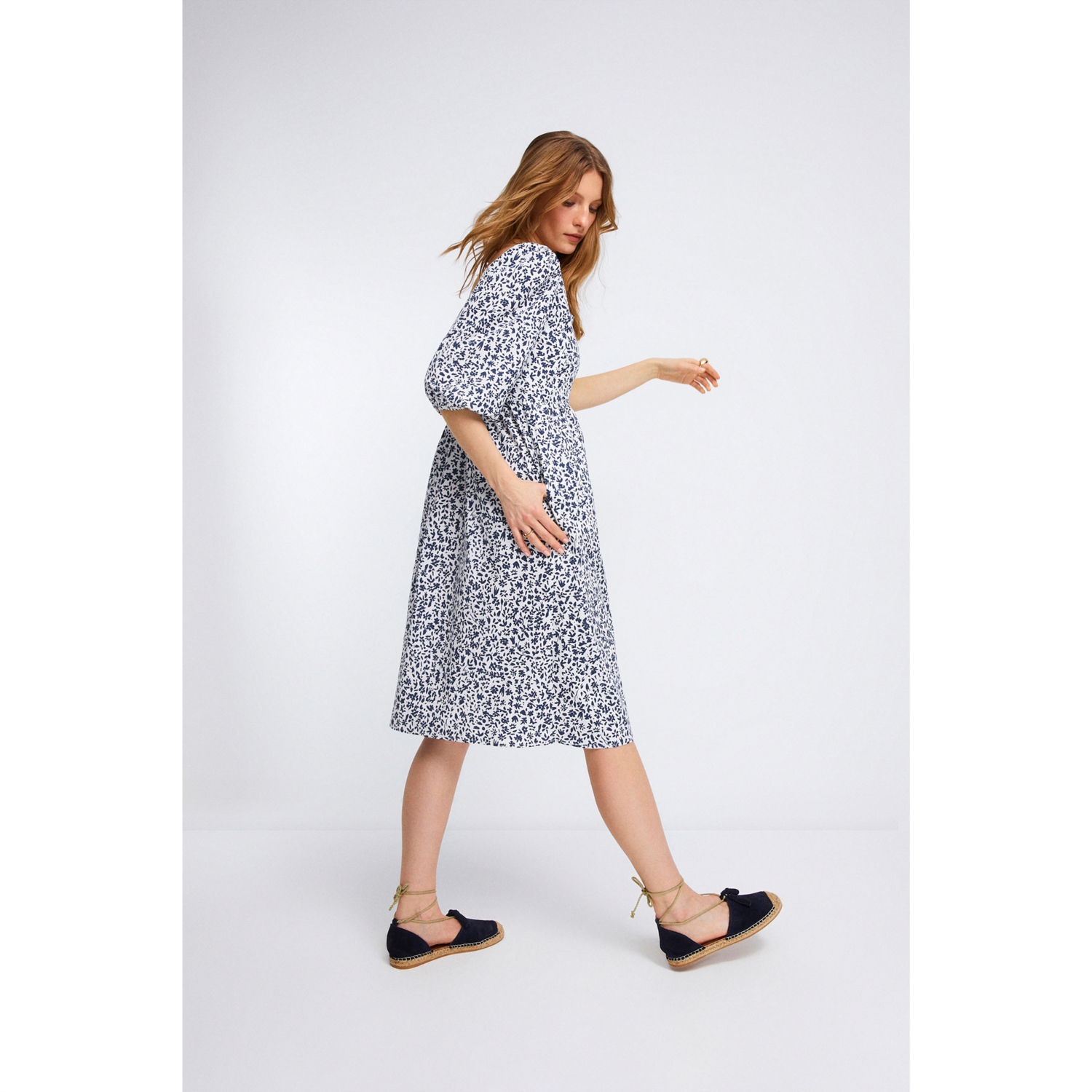 ÇİÇEK DESENLİ BALON KOL A KESİM MİDİ ELBİSE