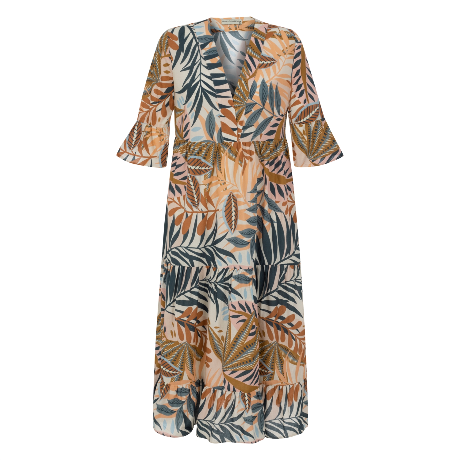 TROPİKAL YAPRAK DESENLİ ORGANİK PAMUK A KESİM UZUN ELBİSE