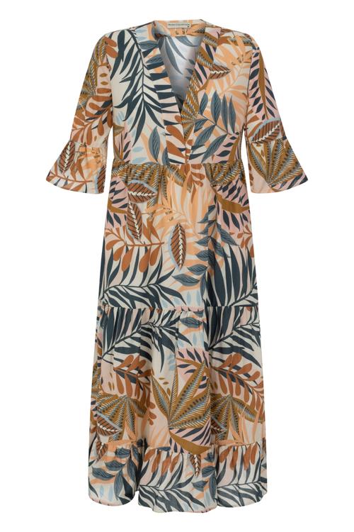  TROPİKAL YAPRAK DESENLİ ORGANİK PAMUK A KESİM UZUN ELBİSE