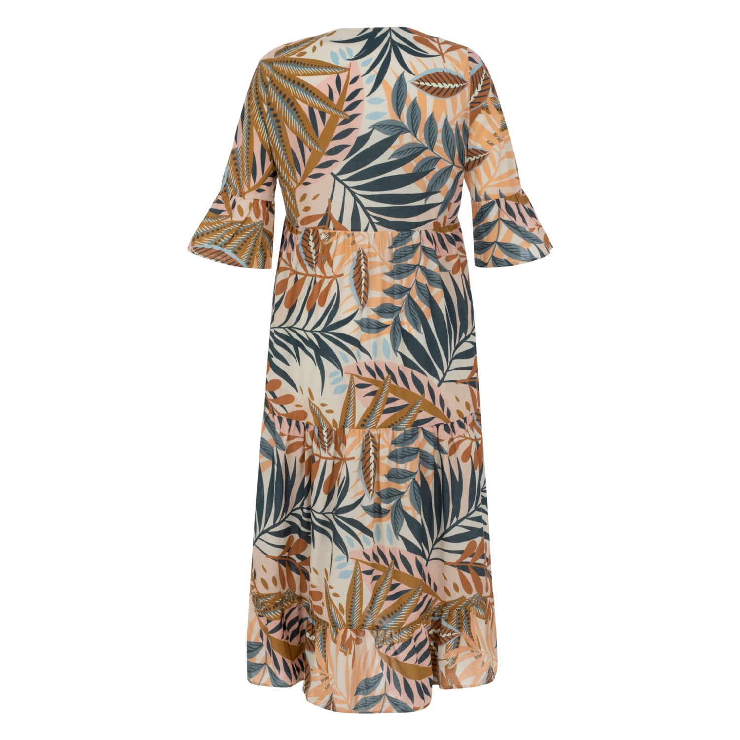 TROPİKAL YAPRAK DESENLİ ORGANİK PAMUK A KESİM UZUN ELBİSE