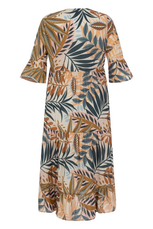  TROPİKAL YAPRAK DESENLİ ORGANİK PAMUK A KESİM UZUN ELBİSE