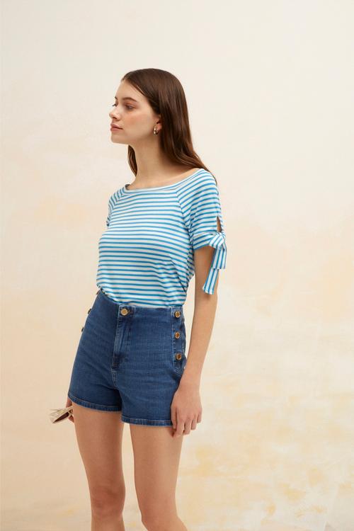  DÜŞÜK OMUZ ÇİZGİLİ T-SHIRT