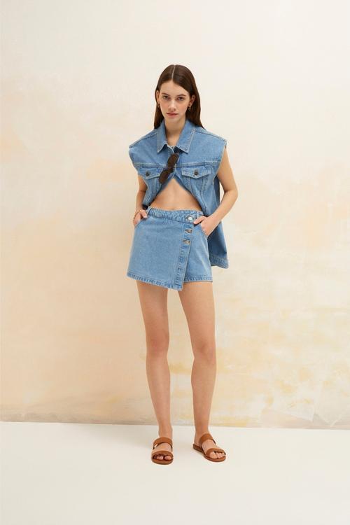  DÜĞMELİ JEAN ŞORT ETEK